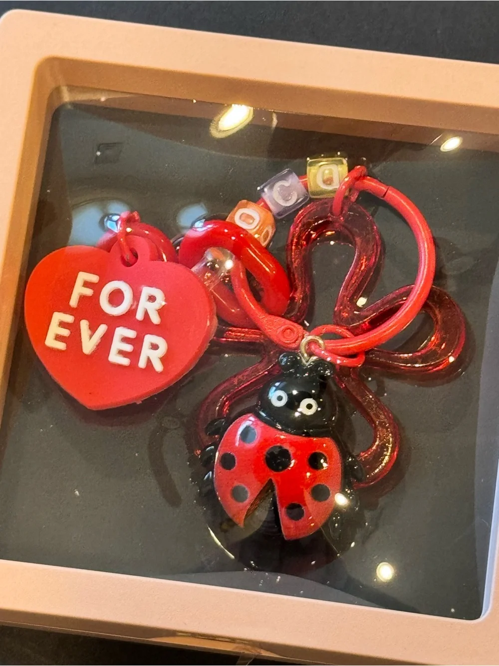 Red Ladybug Heart Charm Keychain for Kids - Playful Bag Accessory in Shadow Box